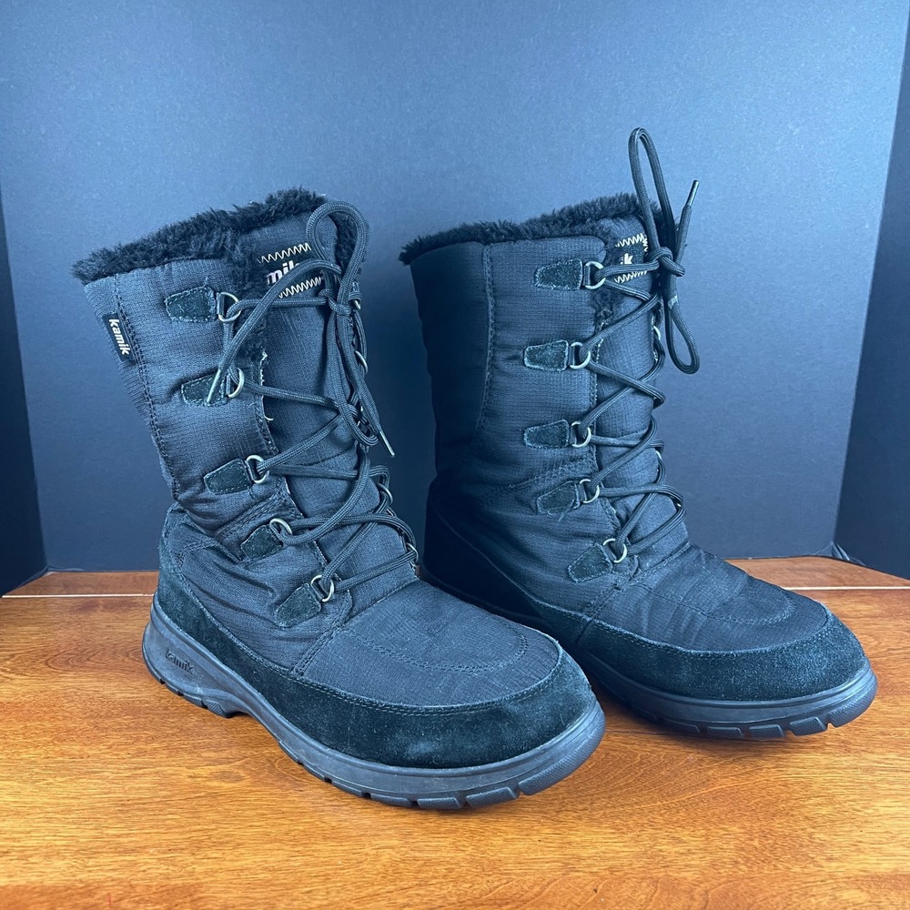 Kamik‎ Womens 10 Brooklyn Black Snow Boots Faux Fur Trim Lace Up Winter Boots